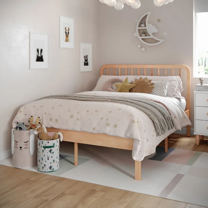 Kids Full-Size Platform Bed with Rectangular Wood Slat Headboard, Natural， bedframe ， bedroom furniture