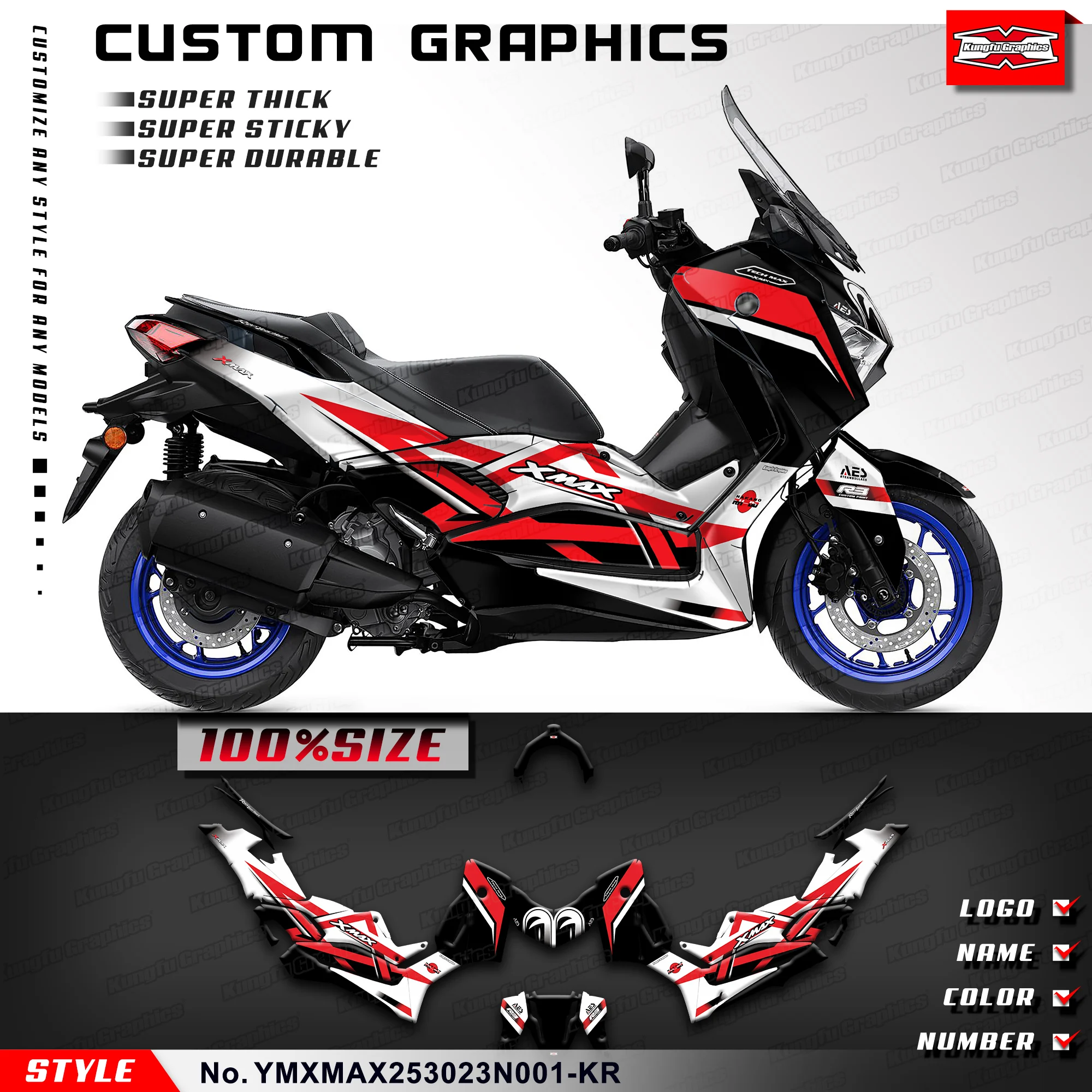 

KUNGFU GRAPHICS Adhesive Sticker Motorcycle Decals for Yamaha XMAX 250 300 2023 2024, Scooter Graphics Kit