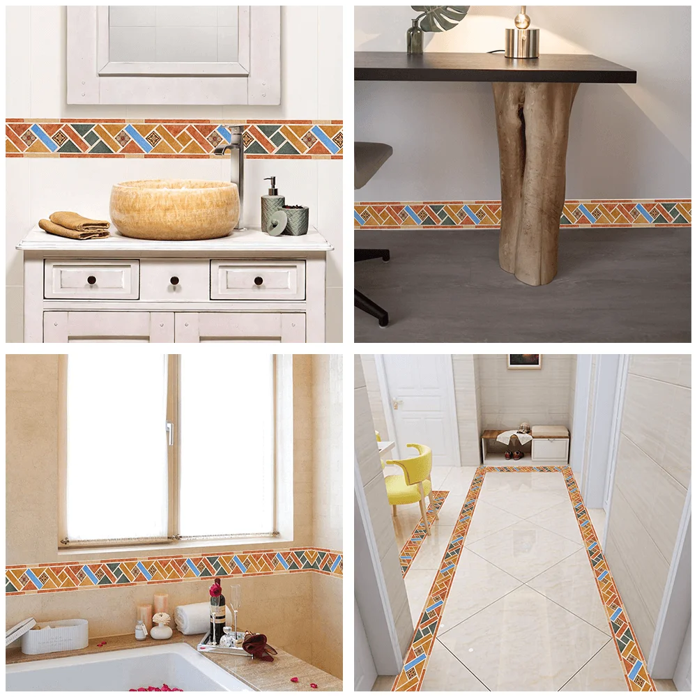 

Peel and Stick Tile Border Stickers 10x300cm Waterproof Self Adhesive Wall Trim Retro Geometric Decor for Bathroom Kitchen