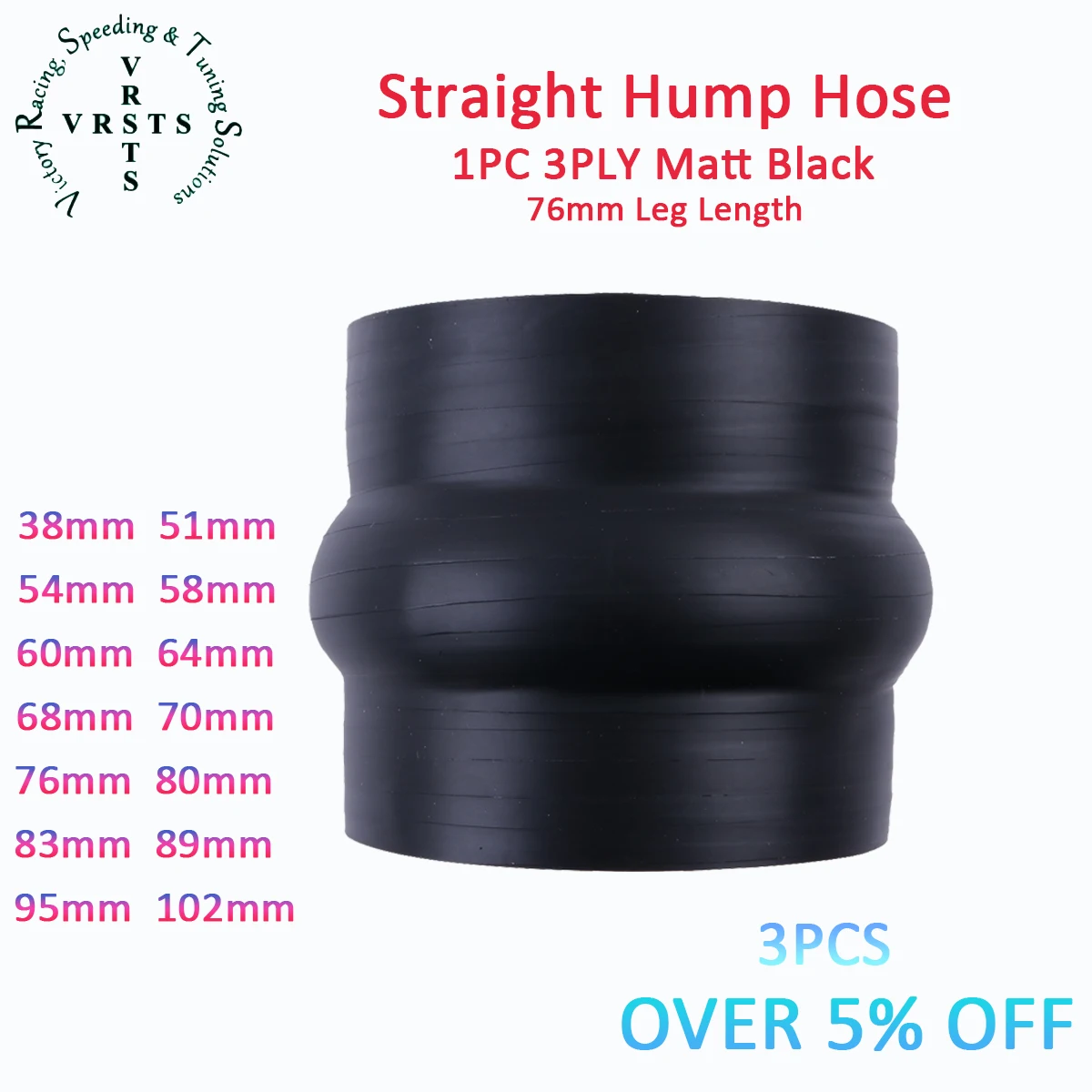3PLY 76mm Length Straight Hump Silicone Coolant Intercooler Hose ID 38 51 54 58 60 64 68 70 76 80 83 89 95 102 MM 1PC Matt Black