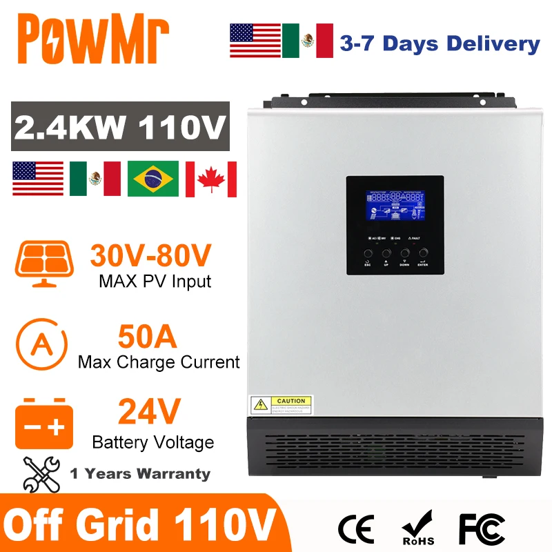 US Warehouse PowMr 2400W Hybrid Solar Inverter 24V 110V Pure Sine Wave Off Grid Inverter with PWM 50A Solar Charge Controller