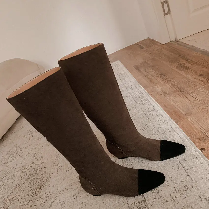 Call TAA-Bottes hautes compensées pointues pour femmes, cuir suédé de vache, talons compensés, chaussures de fête, automne, hiver, taille 34-39, 2024