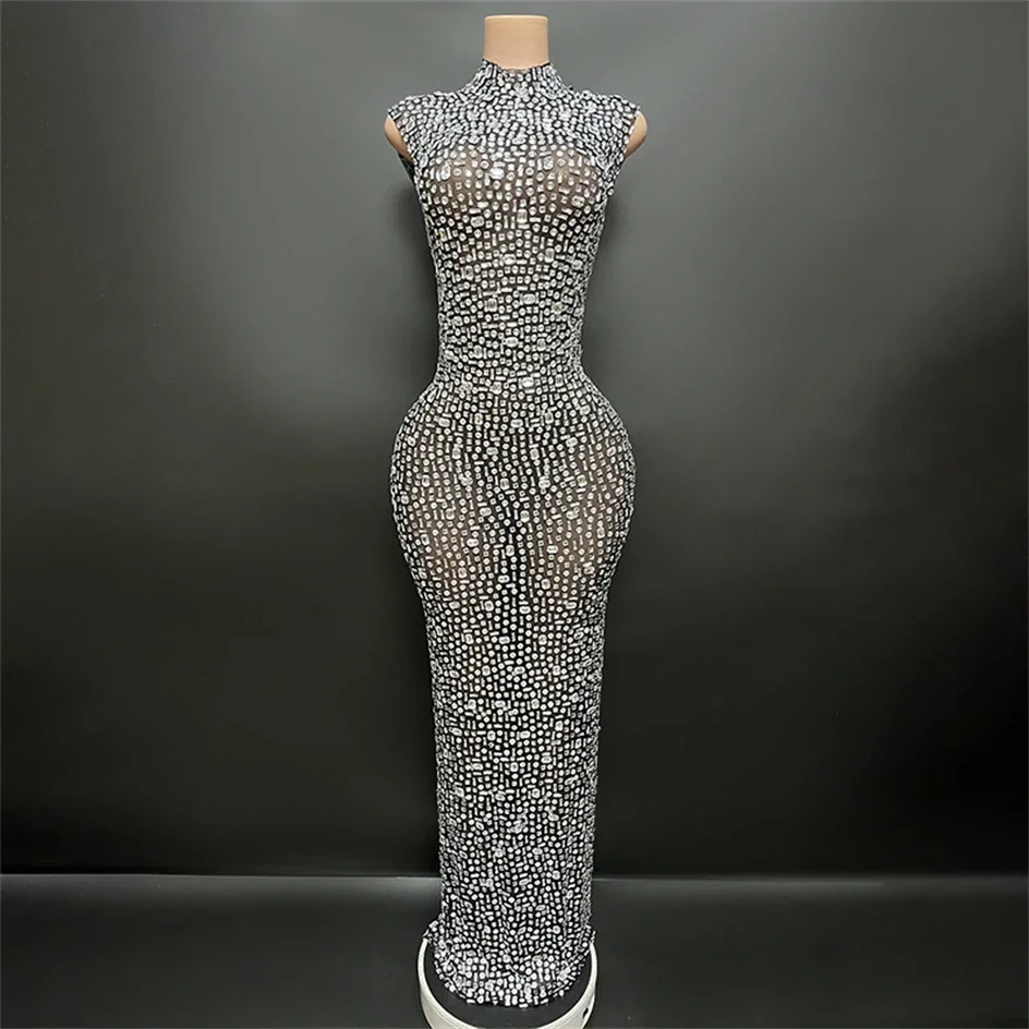 

Luxury Rhinestone Black Sexy See Through Backless Sheath Dress Evening Party Performance Bar Nightclub Singer Dancer Stage Wear