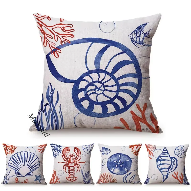 Blue Ink Painting Cushion Cover Nautilus Ocean Conch Lobster Home Decoration Square Pillowcases Cotton Linen Sofa Pillow Cover