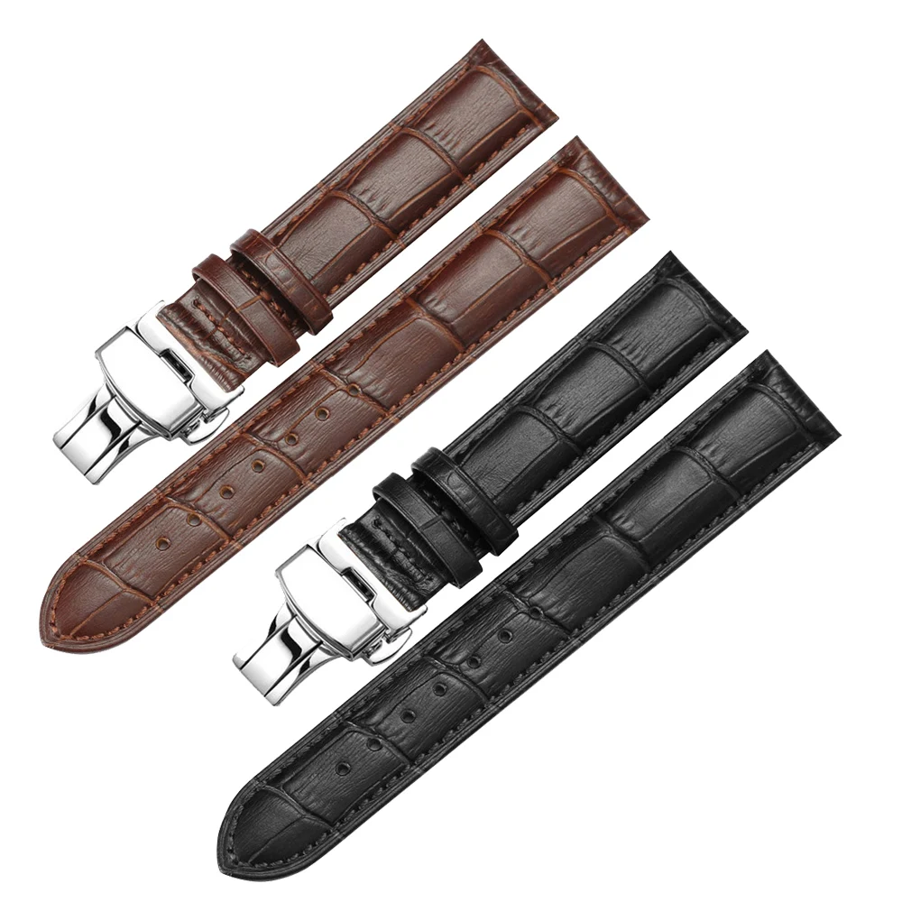 Butterfly Buckle Leather Watch Band Replacement Watch Strap 14mm 16mm 18mm 19mm 20mm 21mm 22mm 24mm Leather Watchband