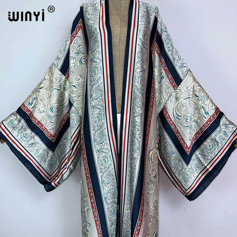 WINYI kimono África verano estampado bohemio Bikini cubrir elegante moda cárdigan sexy vacaciones manga larga sensación de seda maxi vestido