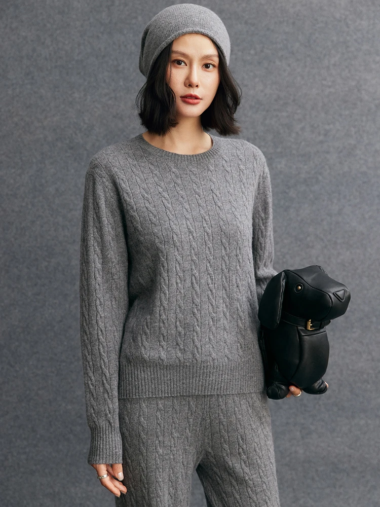 

TLOML New Women 100% Cashmere Sweater Autumn Winter O-neck Pullover Cable Knitting Casual Style Cashmere Knitwear Soft Warm Tops