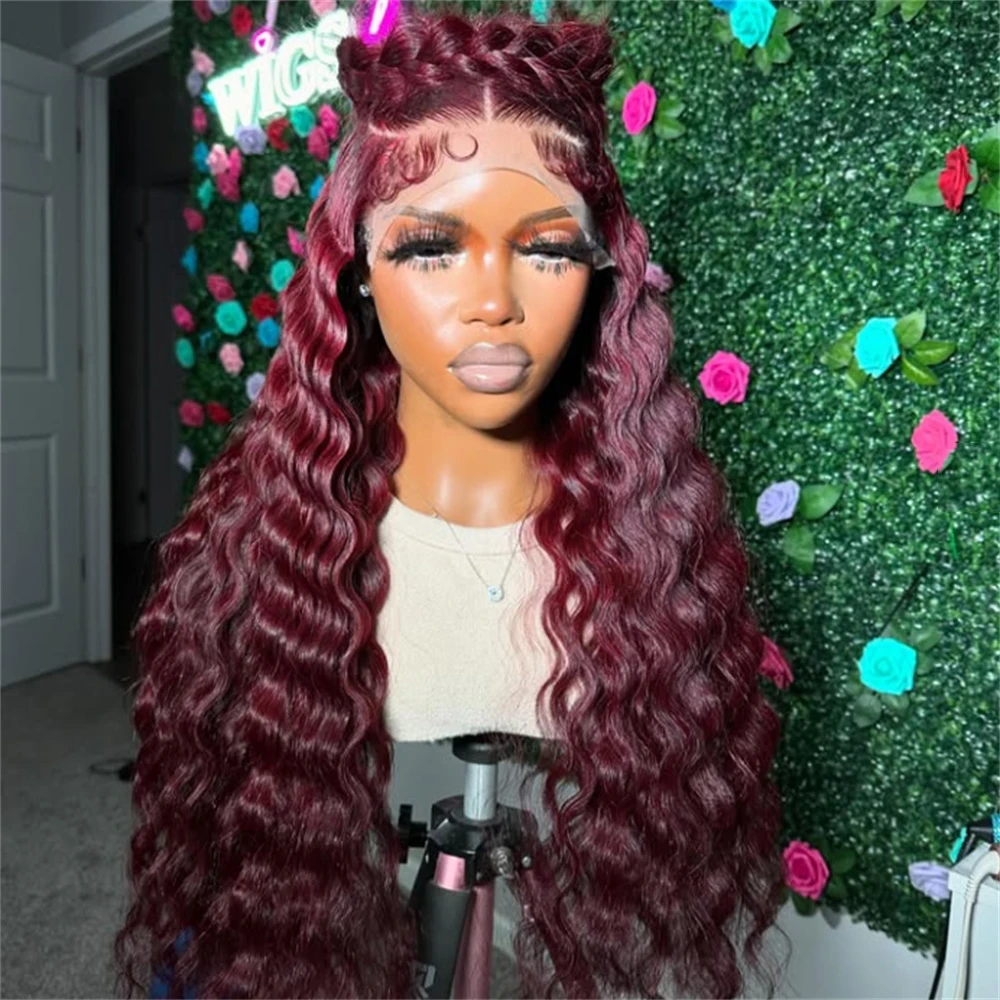 Мягкий бесклеевой парик 180 Плотность бордового цвета 26 дюймов Длинный странный вьющийся глубокий парик фронта шнурка для женщин с предварительно выщипанными волосами ребенка на каждый день