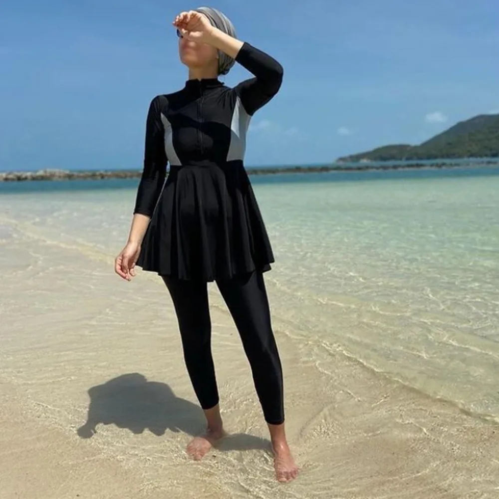 

2022 Beach Swimsuit Women Muslim Swimwear Modest Patchwork Hijab Burkini Wear 3pcs Sport Islamic Swimming Bathing Suit