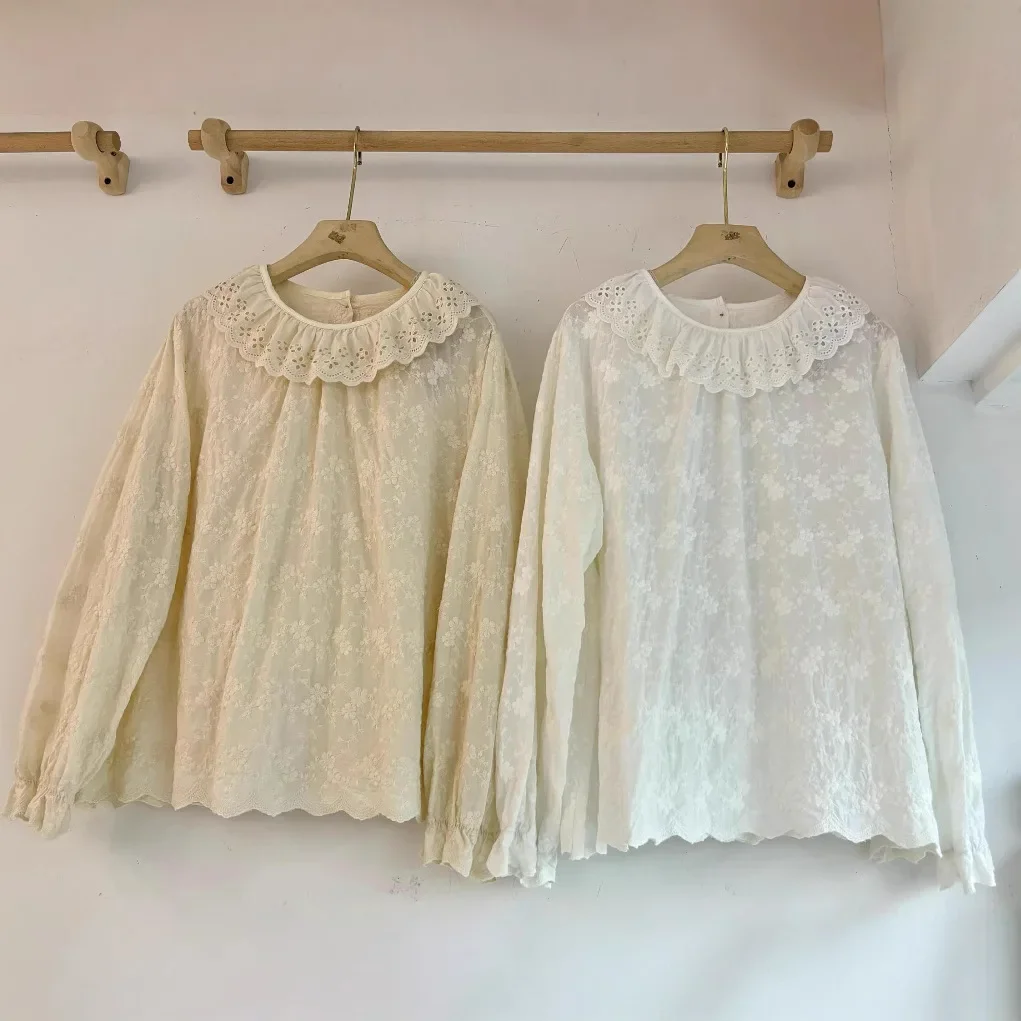 Spring New Japanese Mori Girl Lace Embroidery Cotton Shirts Women Ruffled Collar Long Sleeve Solid Color Casual Loose Cute Tops