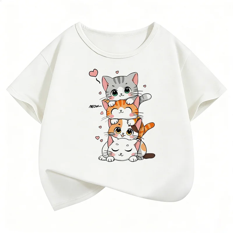 Lovely Cat Graphic Kids Tshirts Summer Short Sleeve Tees Cartoon Boys Girls Clothes Kawaii Kitten Tops Y2K Children T-shirt