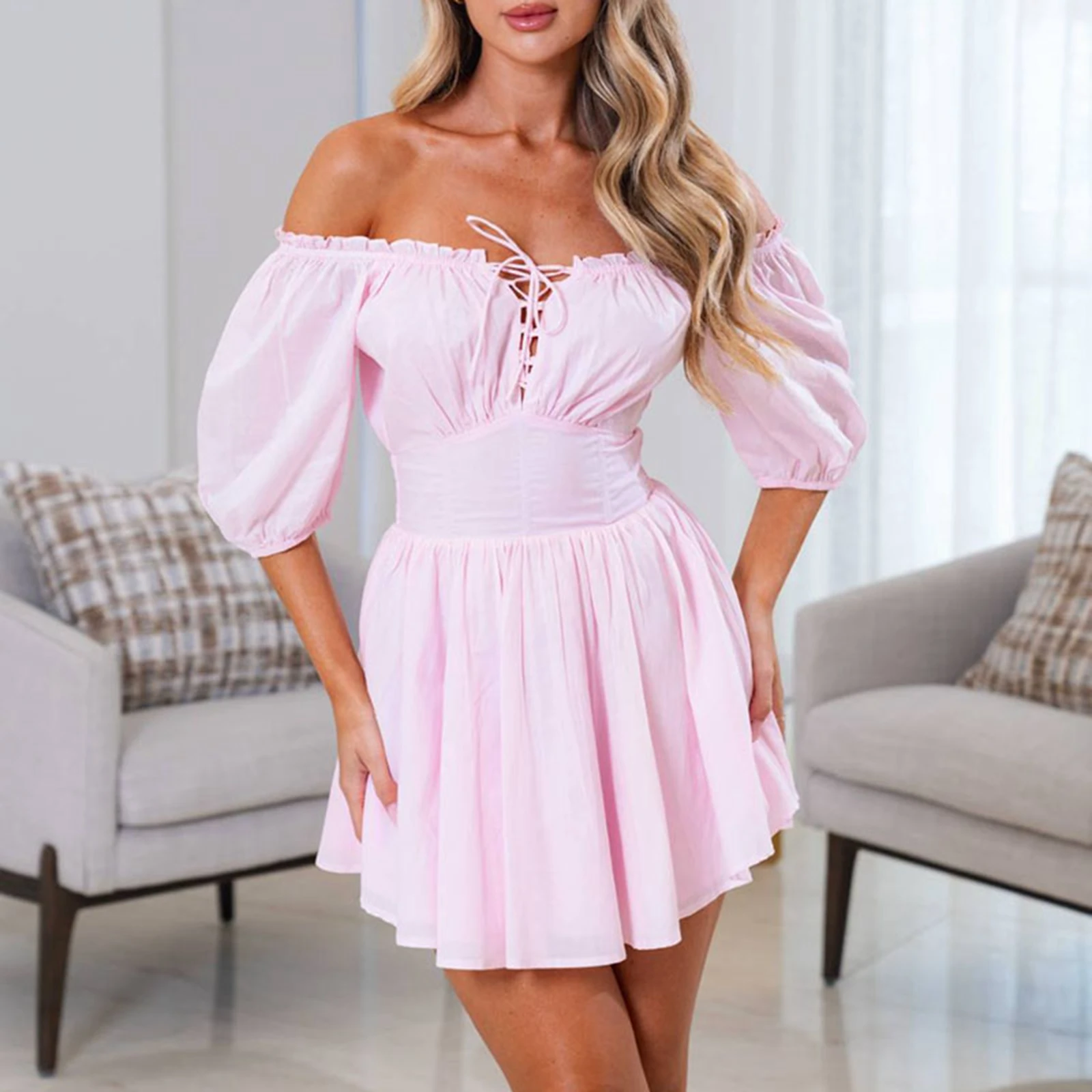 

2024 Fashion Women Mini Dress Short Sleeve Off-shoulder Dress Tie-up Solid Summer A-line Dress