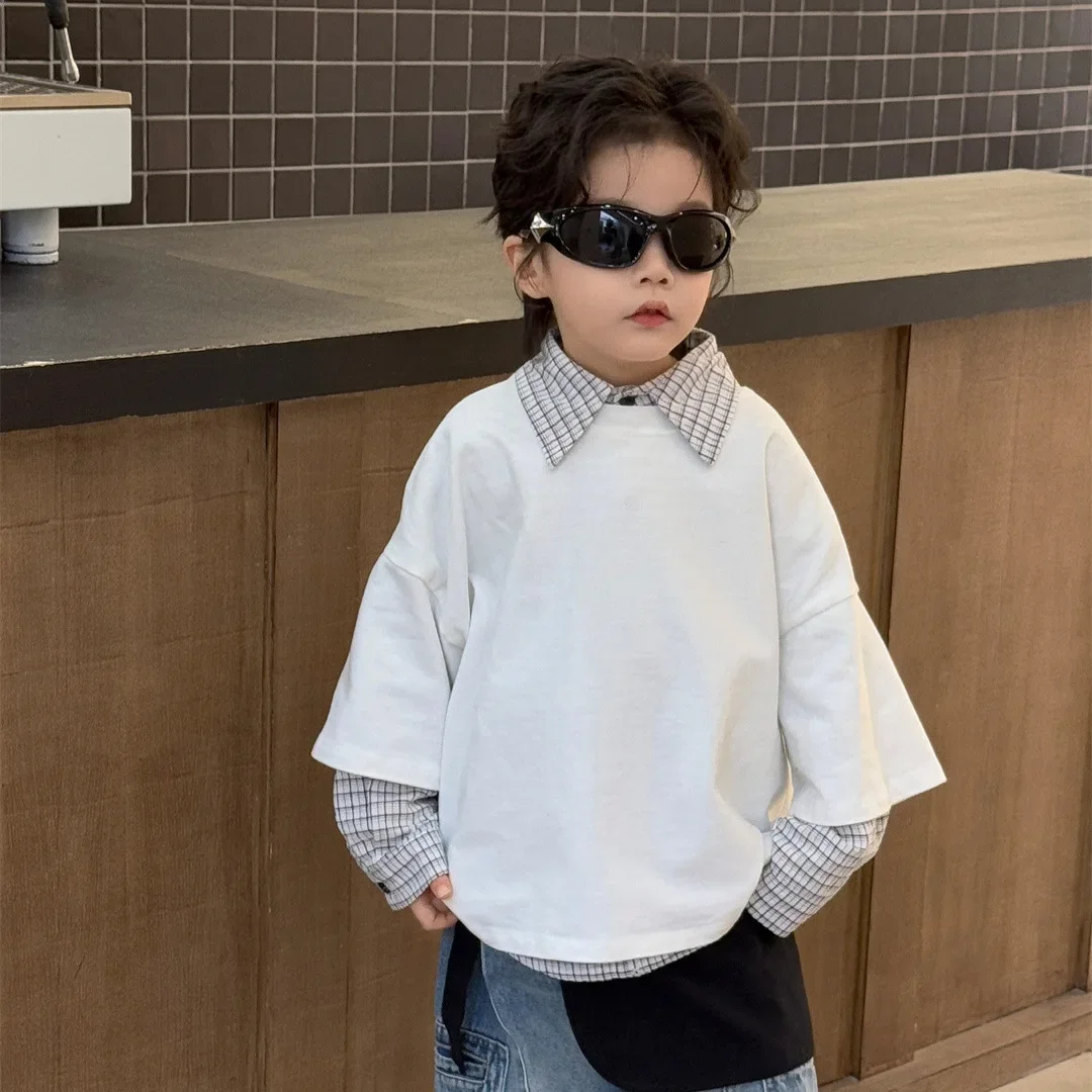 

Children Clothes Kids Shirt 2025 New Hoodie Plaid Shirt Long Sleeve Korean Style Fashionable Boys Handsome Two Piece Set