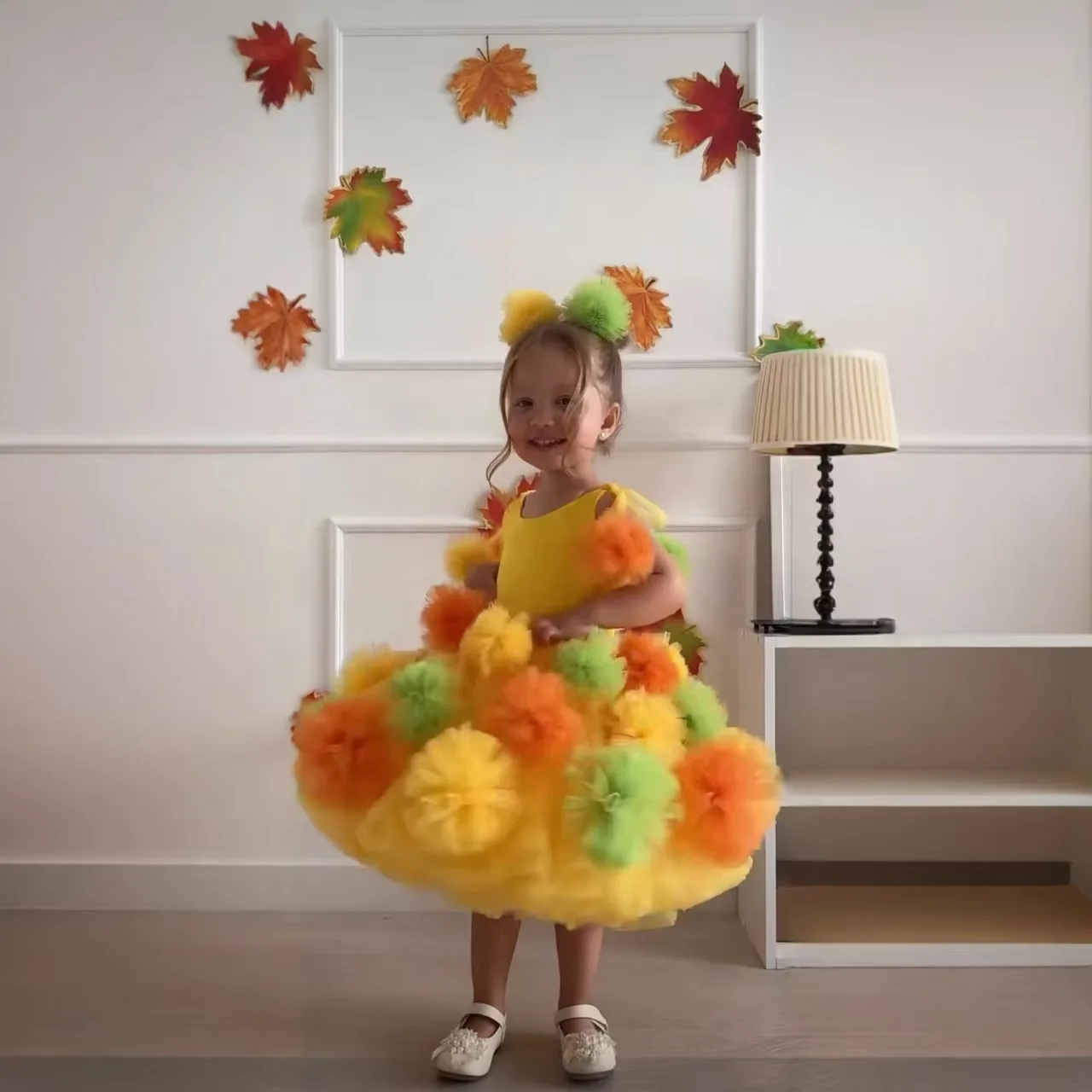 Girl's Rainbow Princess Dress European and American Children's Birthday Show Flower Children's Ponkas Yellow Dress