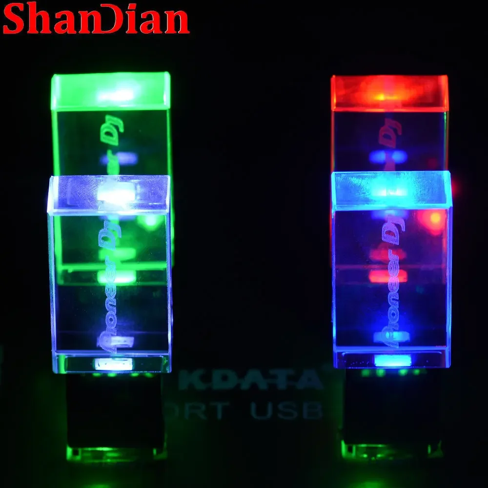 SHANDIAN Color LED Crystal USB Flash Drive 64GB 32GB Creative Comes with Logo Pen Drive Photography Birthday Gift Memory Stick