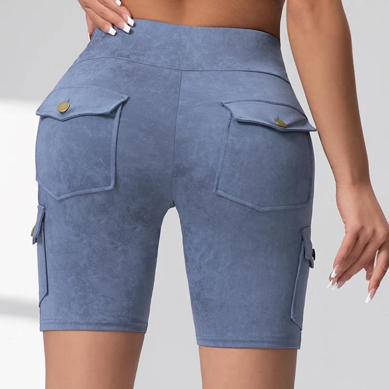 Lavado impressão bolso de trabalho shorts femininos levantamento de bunda fitness calças de 5 portas elástico fino 2025 novo 5 cores moda ciclismo shorts