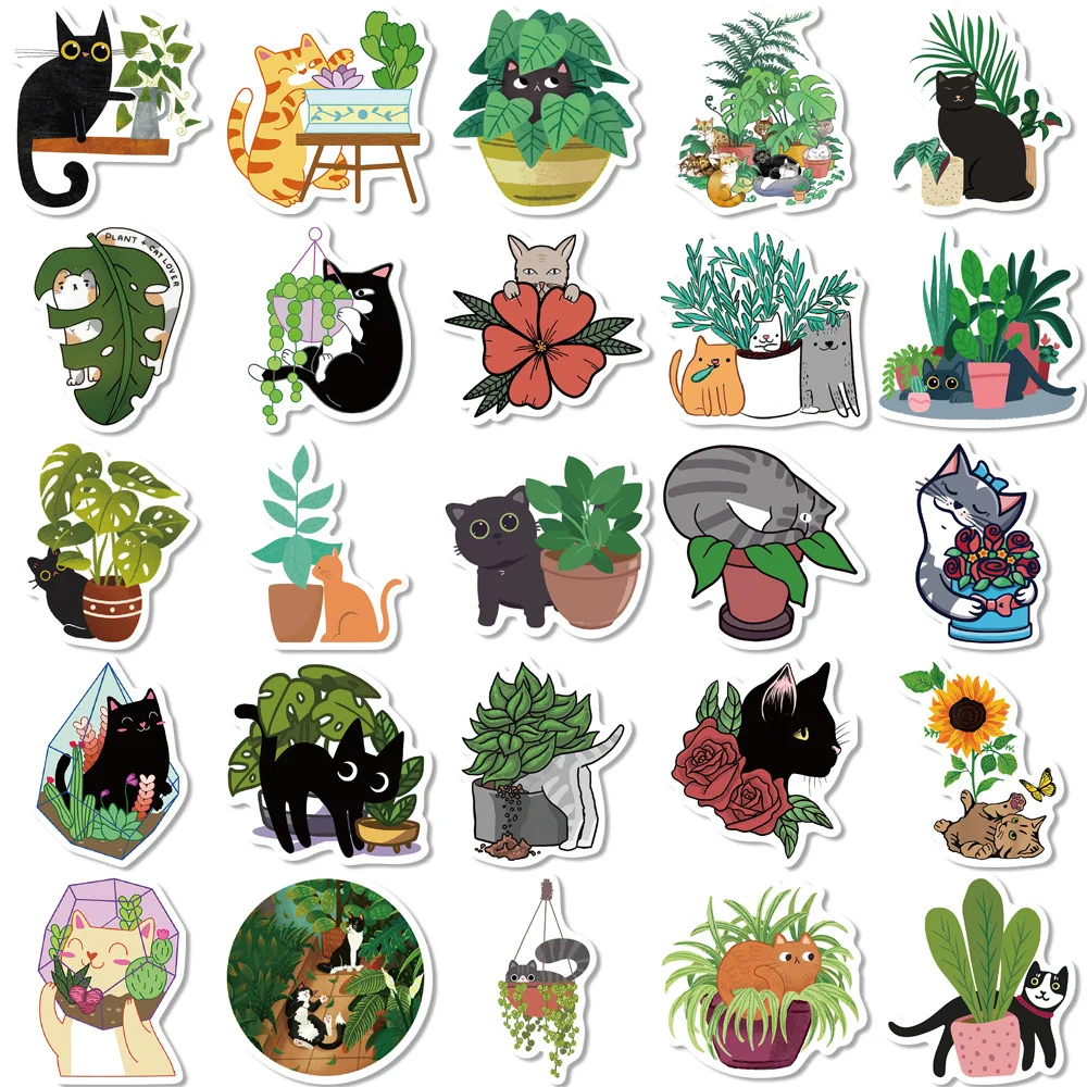 10/30/50PCS New Cartoon Cat with Green Plants Exquisite Stickers Gift Toys DIY Laptop Luggage Ipad Guitar Stickers Wholesale