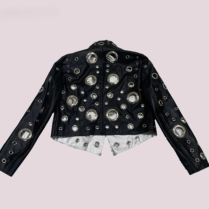 Original Splicing Contrasting Colors Hollow OutSweet Cool Women's Short Coat Spring Autumn Pu Leather Collar Pu Jacket Ladies