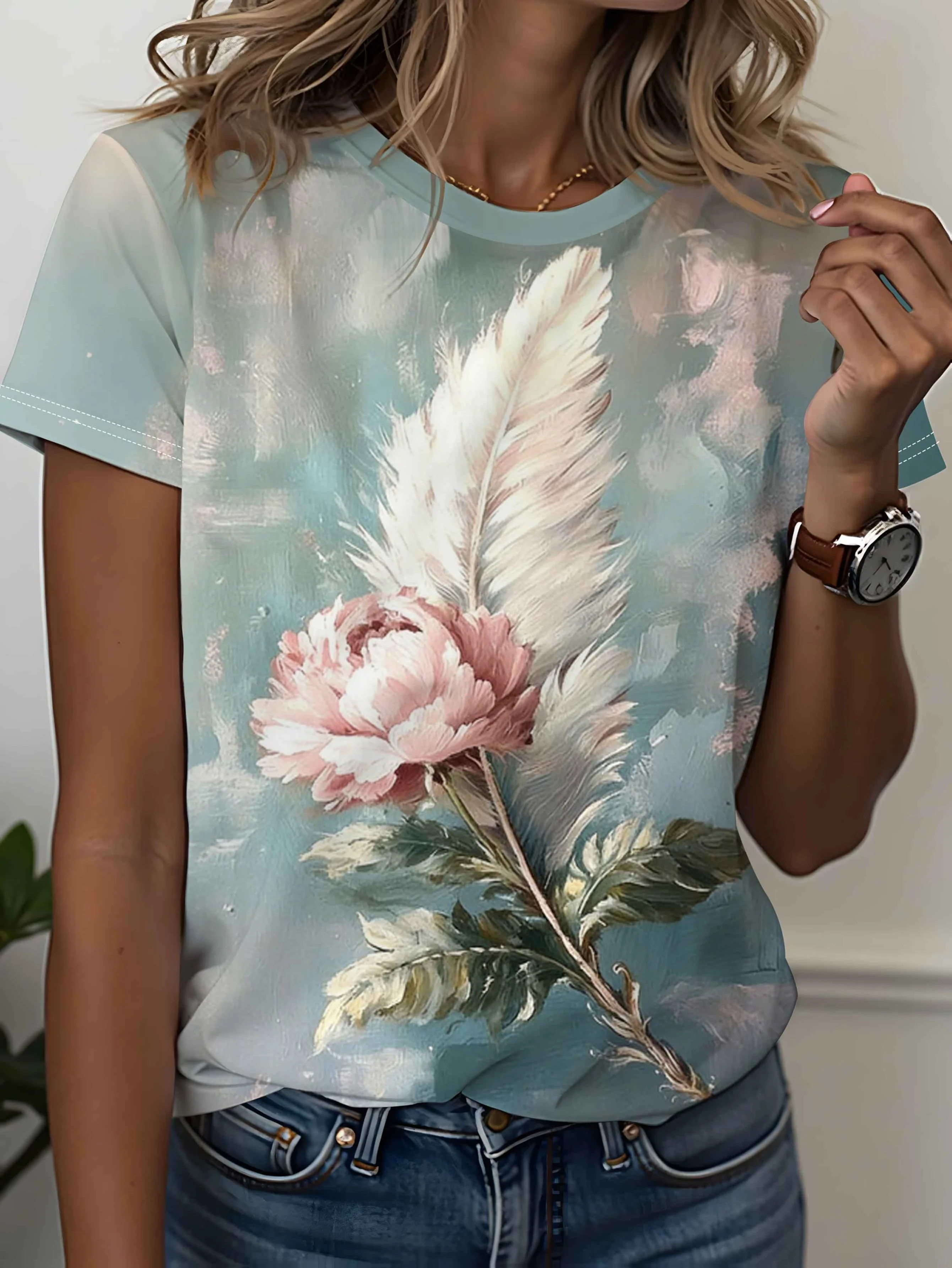 Women's T-shirt Vintage Oil Painting Peony Feather Print Short Sleeve Top Summer Casual Crew Neck Ladies Daily Clothes