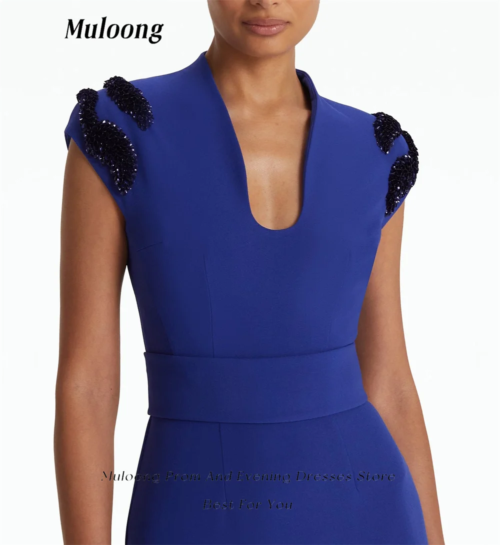 Muloong Skiathos Blue Cap sleeved Long Dress with Deep Curved Neck Evening Dress Navy Curled Leaf Sequins Mermaid Luxury Dress