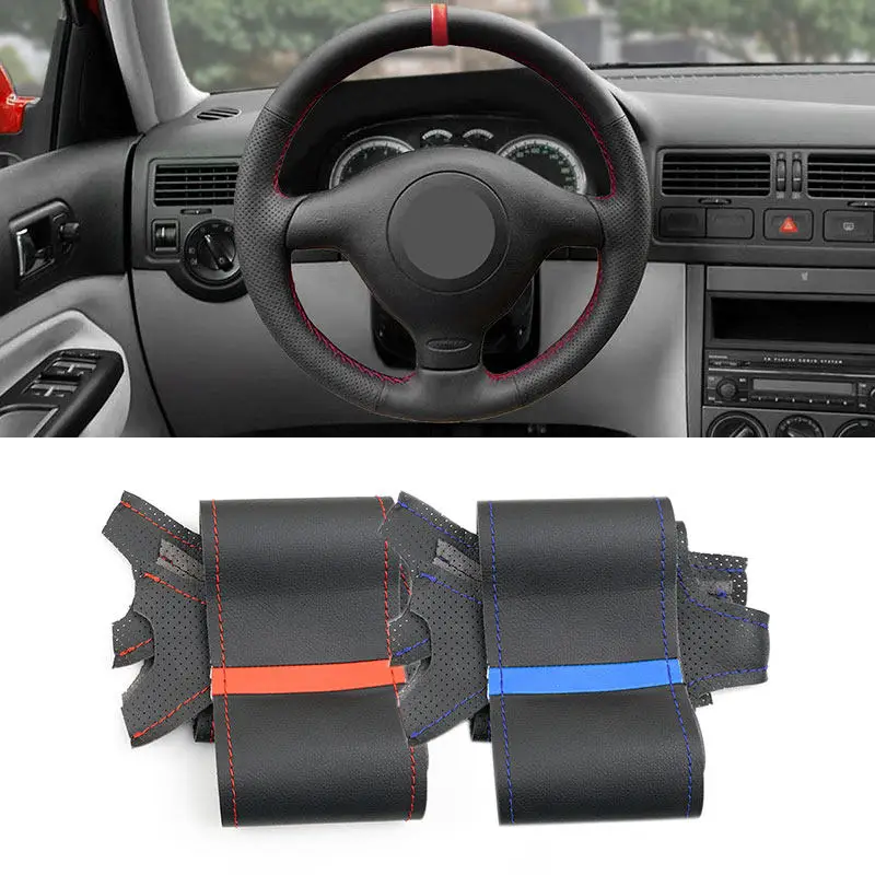 Hand Woven Leather Cover Breathable Steering Wheel Cover with Needle Thread For VW Golf 4 MK4 1998-2004 Passat B5 1996-2005 Old