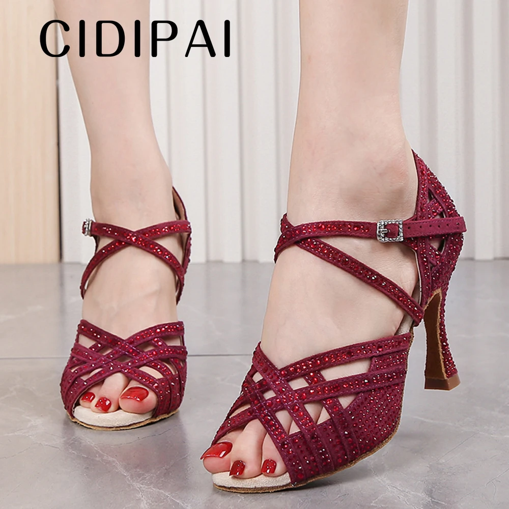 CIDIPAI-Chaussures de danse latine pour femmes, chaussures de danse tango salsa pour filles, talons de danse de salon, chaussures de mariage rouges, sandales de fête