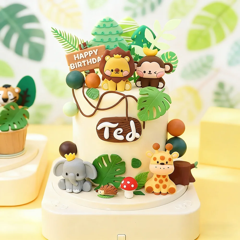 Dschungel-Safari Geburtstagsdekoration Waldtiere Löwe Elefant Giraffe Tortendekoration für Babyparty Kinder 1. Geburtstag Party Deko