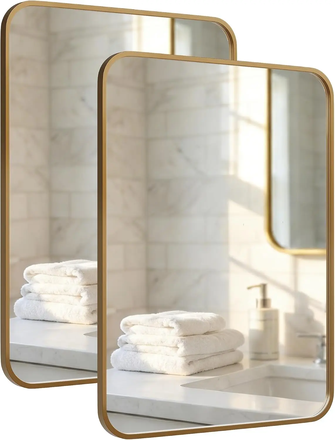 2-Pack 24x36 Inch Antique Gold Rounded Rectangle Vanity Mirrors | Double Vanity or Two Bathrooms, Pair or Separate Use, Iron Fra