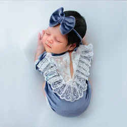 Ylsteed Newborn Velvet Romper Photography Clothes with Bow Headband Baby Girl Lace Outfit for Photo Shooting