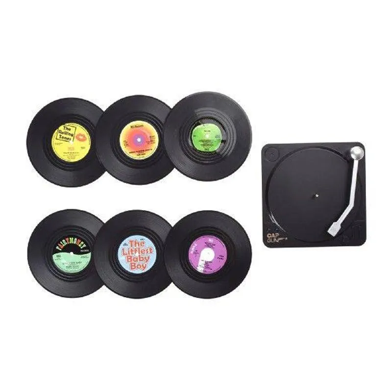 ビニールレコードテーブルマット6枚セット-レコード型レトロスタイルドリンクコースター-ホームデコレーションやおもてなしに最適