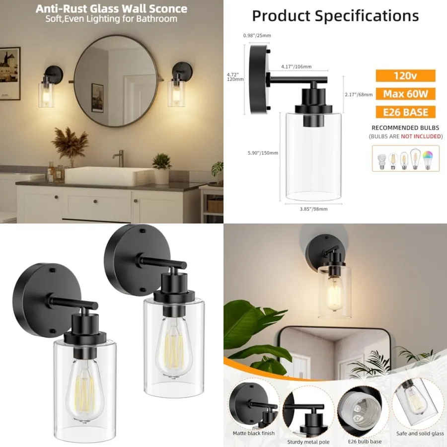 

Set of 2 Bathroom Wall Sconce, Matte Vanity Light, Modern Wall Light Fixture with Clear Glass Shade and E26 Bulb Base, Wall Lam