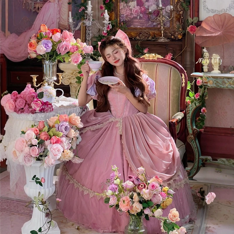 2025年新作 夏 レディース スリムフィット エレガント 重工 フェアリードレス コスチュームドレス スイートプリンセス ティーパーティー ピンク ロリータ ロングドレス