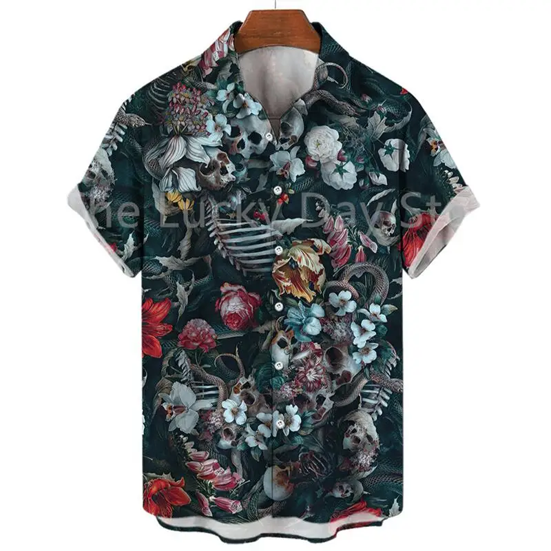 Men's Summer Skull Fashion Y2k Hawaiian Oversized Short Sleeve Shirt Casual Clothing Harajuku Pattern Social Vintage Camisa