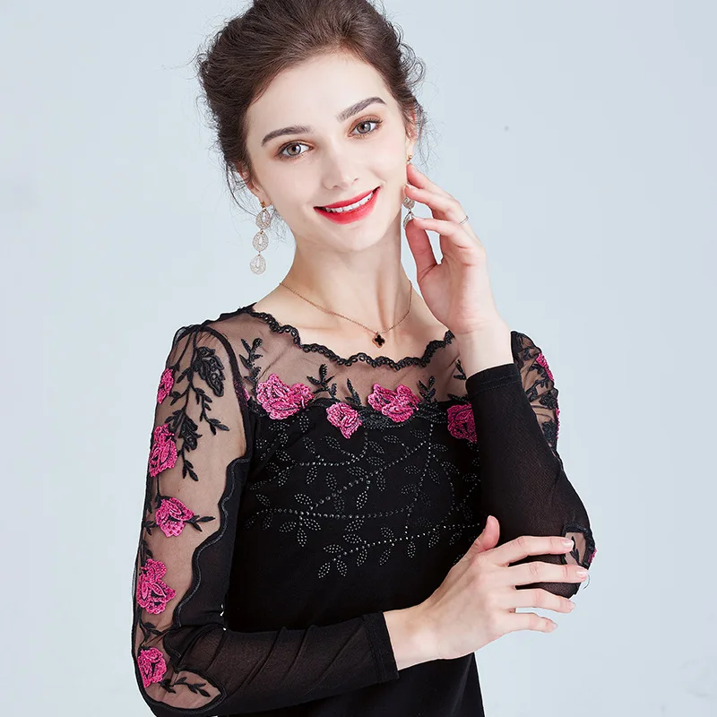 MadBlack European Clothes T-Shirt M-5XL Women Embroidery Diamonds Slim Mesh Tops Long Sleeve Tee Spring Fall T3D707JM