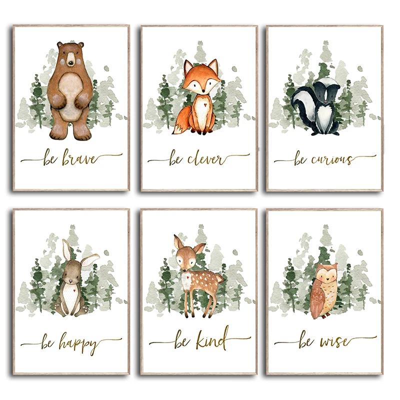 

6Pcs/Set Cartoon Animals Fox Giraffe White Rabbit Owl Bear Canvas Poster Wall Art Nordic Nursery Children's Room Home Decoration