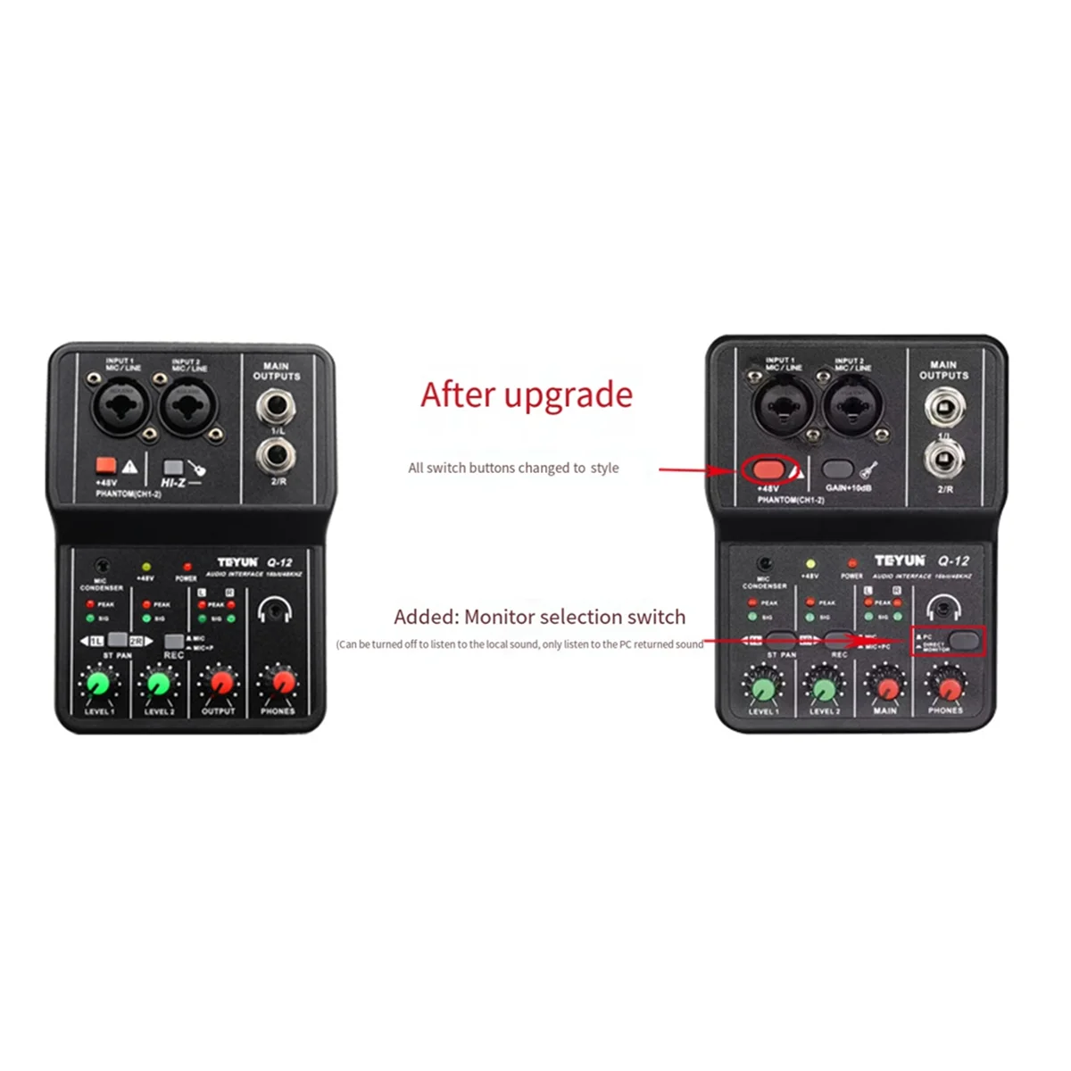 BFYLW TEYUN Q12 คอมพิวเตอร์บันทึกเสียงการ์ด 16Bit/48KHZ การ์ดเสียงแบบพกพาผสมสําหรับกีตาร์ Home Studio Music Pro Q12