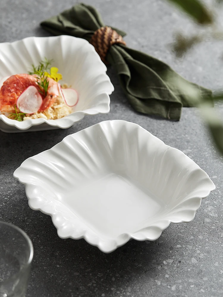 White Fruit Salad Plate Light Luxury Square Vegetable Bowl Ceramic Household High-end Snack Plates Restaurant Tableware