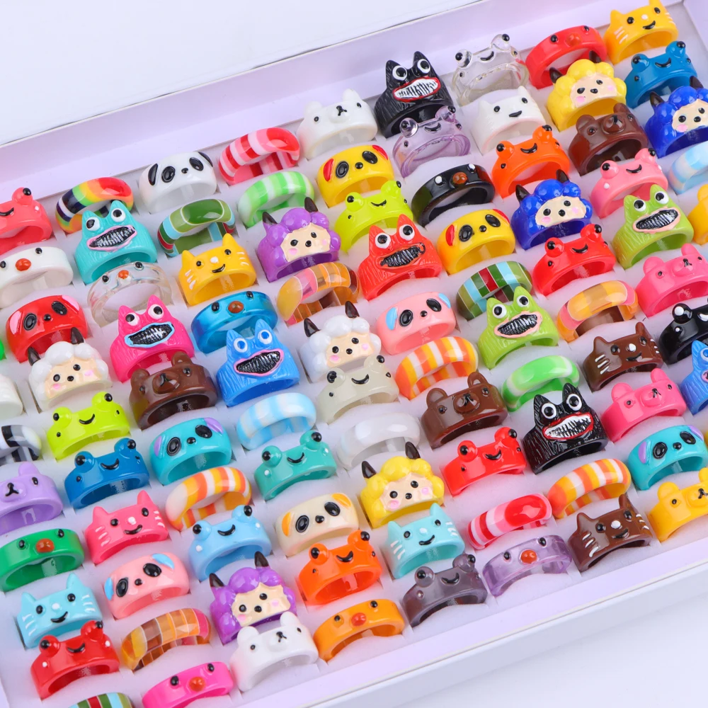 20Pcs/Lot Cute Cartoon Elements Frog Bear Cat Animal Resin Rings For Women Party Jewelry Accessories Gifts Mix Style Wholesale