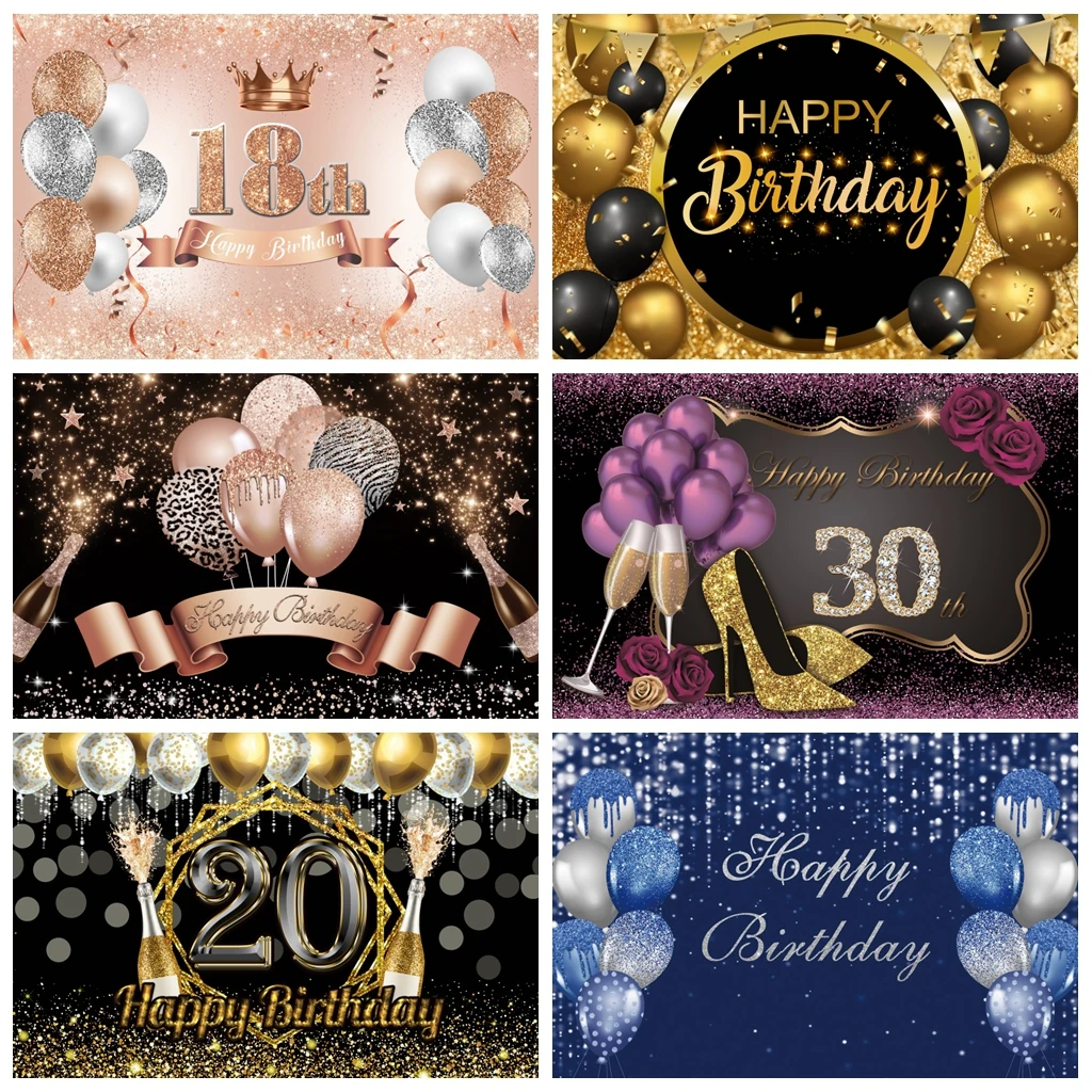 Fondo de cabecero negro, decoración de fiesta con diseño de feliz cumpleaños, globos de corona dorada, nombre personalizado, póster, patrón de fotografía