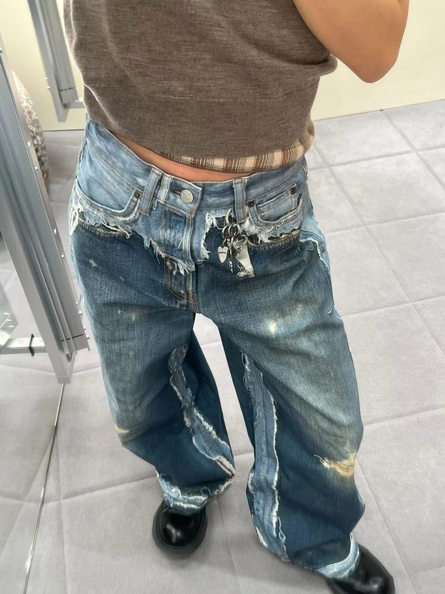TWOTWINSTYLE Vintage Street Style Distressed Wide Leg Jeans for Women Midi Waist Ripped Accent Washed Pant for Casual Outings