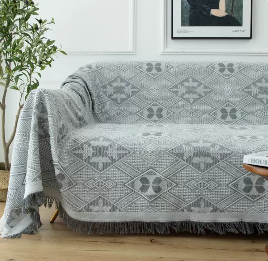 Nordic Geometric Woven Sofa Cover Blanket Reversible Thick Knitted Couch Throw Anti-scratch Furniture Protector Bedspread