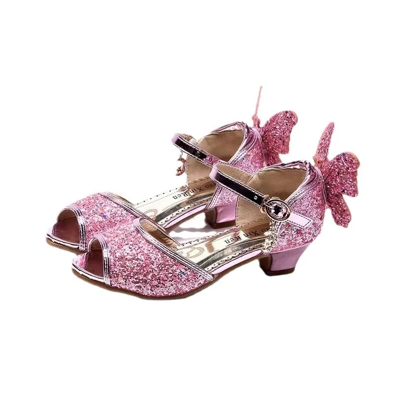 

New Spring Summer Bling Girls' High Heels Children's Sequin Princess Sandals Kids Butterfly School Performance Crystal Shoes