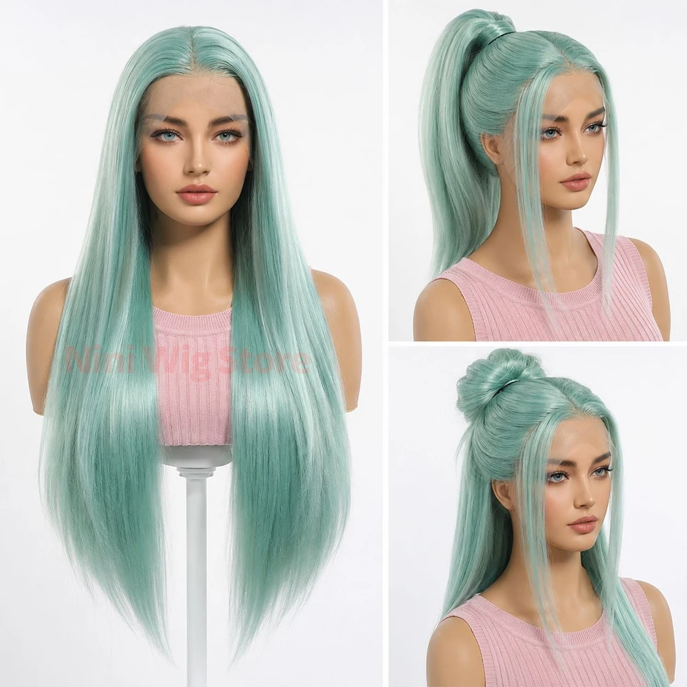 28 Inch Green Synthetic Lace Wig Long Straight Lace Front Wig Natural Heat Resistant Elf Cosplay Halloween Costume Wig for Women