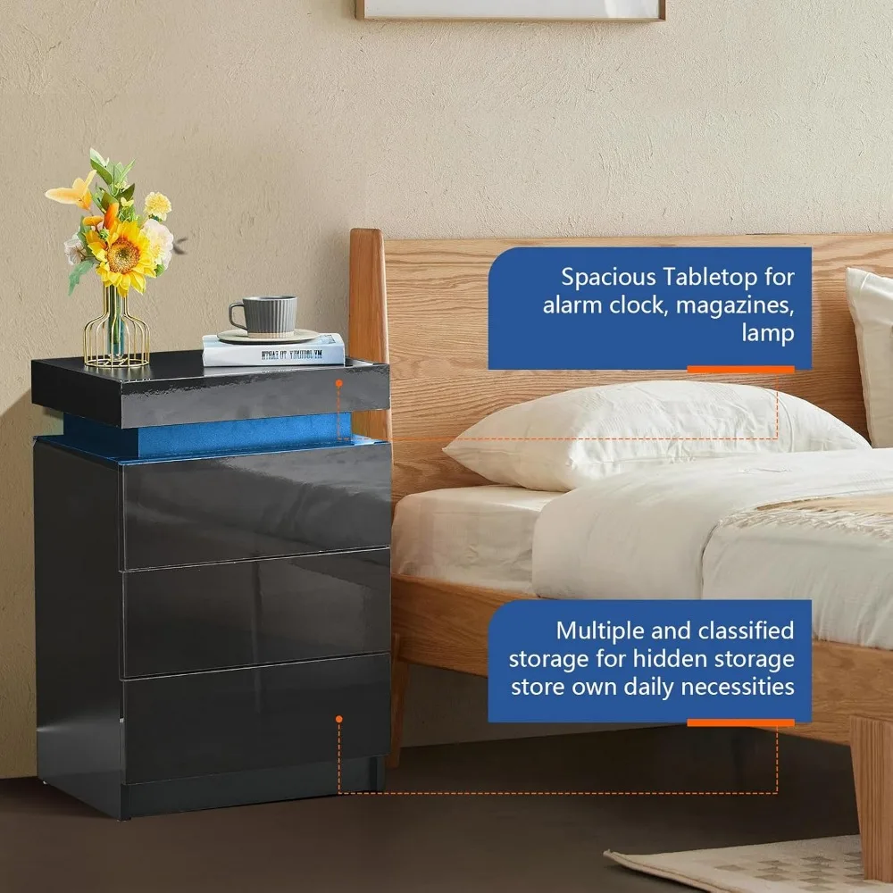 مجموعة منضدة سوداء مكونة من قطعتين مع أضواء LED، وحامل ليلي ذكي مع مساحة تخزين قابلة للطي، وطاولة بجانب السرير مع 3 أدراج شديدة اللمعان، وضعية #5