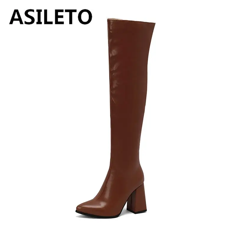 ASILETO Sexy Thigh Boots for Women Pointed Toe Block Heels 10cm Zipper Plus Size 47 48 49 50 Party Soft Female Stretch Booties