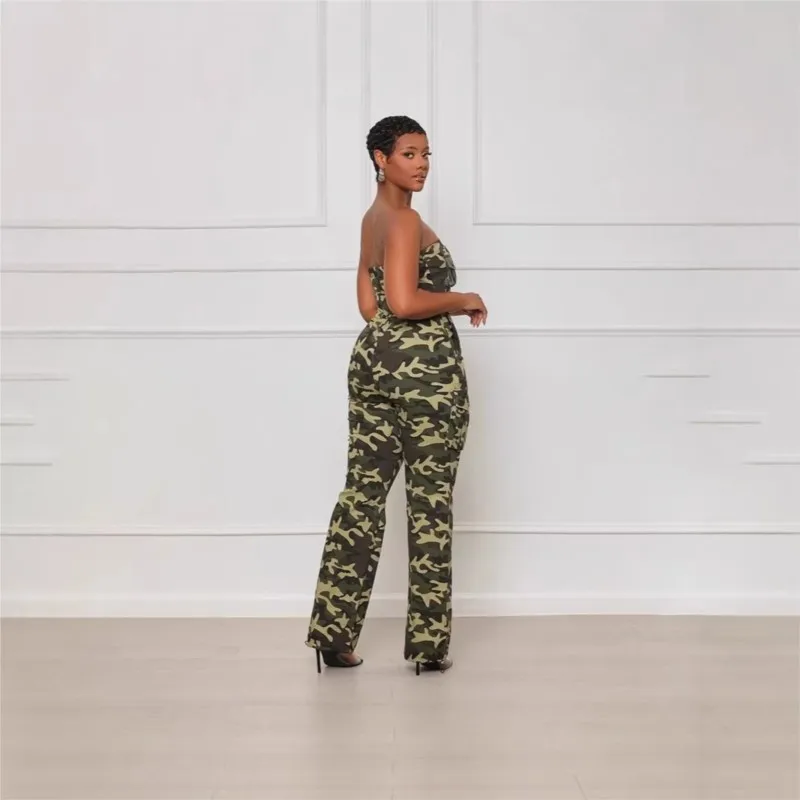 Fashion Camouflage Printting Bodycon Jumpsuits Women Backless Cargo Pocket Patchwork Rompers Female Streetwear Overalls New