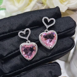 Huitan Temperament Heart Pink Cubic Zirconia Earrings for Women Engagement Wedding Trendy Luxury Ear Accessories Fashion Jewelry