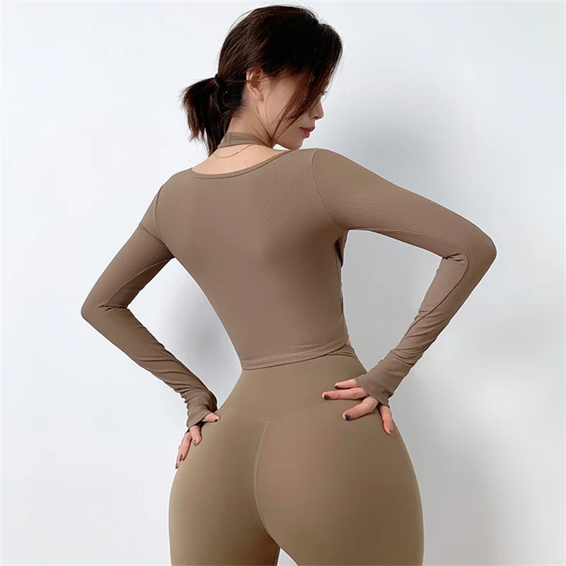 Sexy Long Sleeve Yoga Shirts Built In Bra Women Slim Fit Workout Sport T Shirt Gym Fitness Crop Top with Thumb Holes