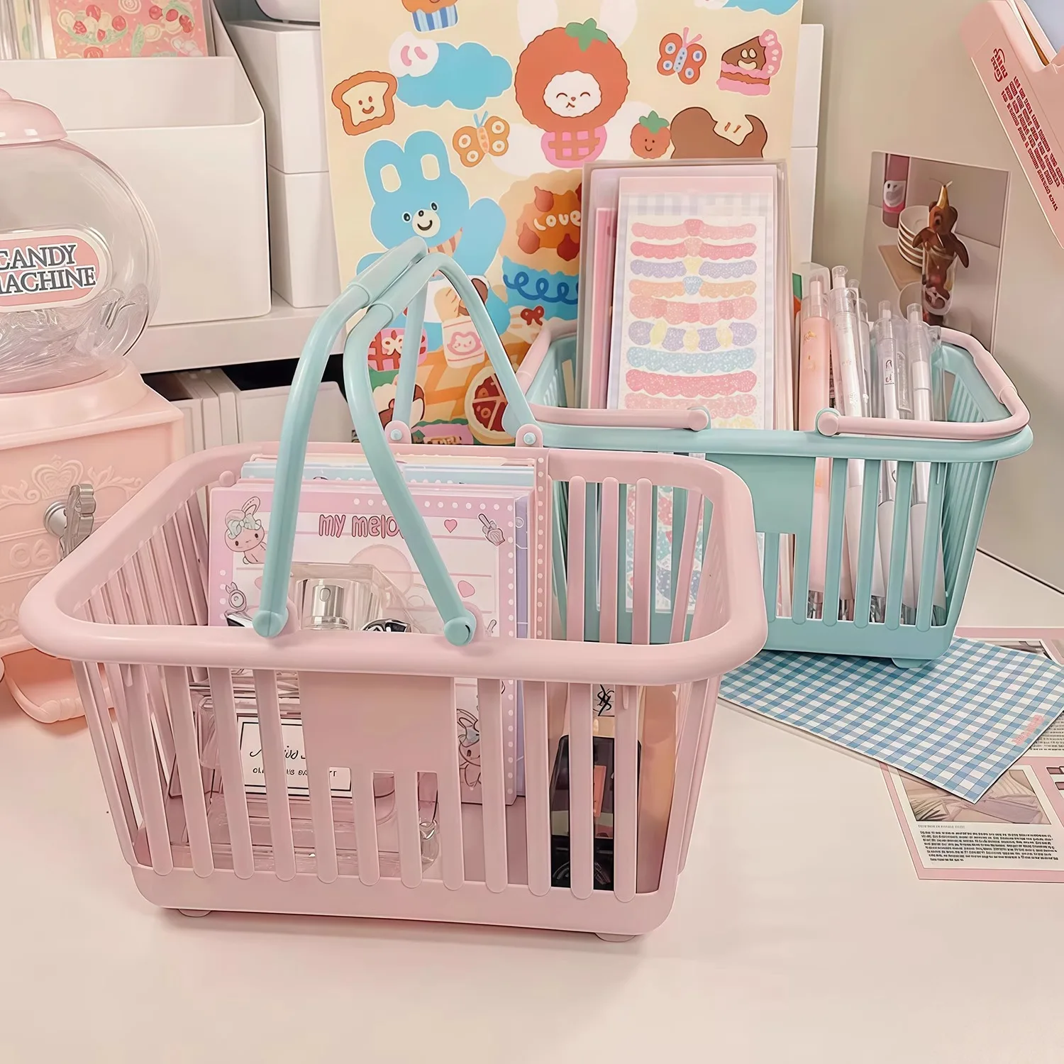 

Cute Macaron Color Portable Storage Basket Pink Girly Heart Sticker Stationery Sundries Accessories Desktop Storage Basket