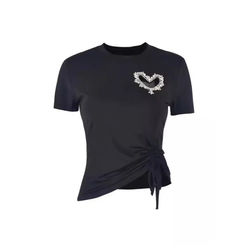 2024European and American Spring and Summer Women's New Heart-Shaped Rhinestone round Neck DrawstringTShirt Top